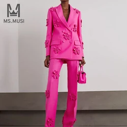 MSMUSI 2023 New Fashion Women Sexy Floral Embellished Blazer Set Two Piece Set Party Long Sleeve Top Flare Long Pant Set Suit