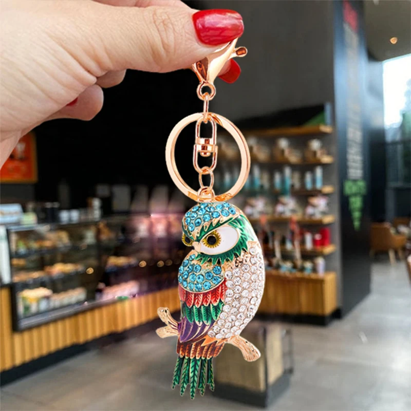 Cute Rhinestone Crystal Owl Bird Parrot Keychain Animal Key Chain Key Ring Holder Pendant Keyring