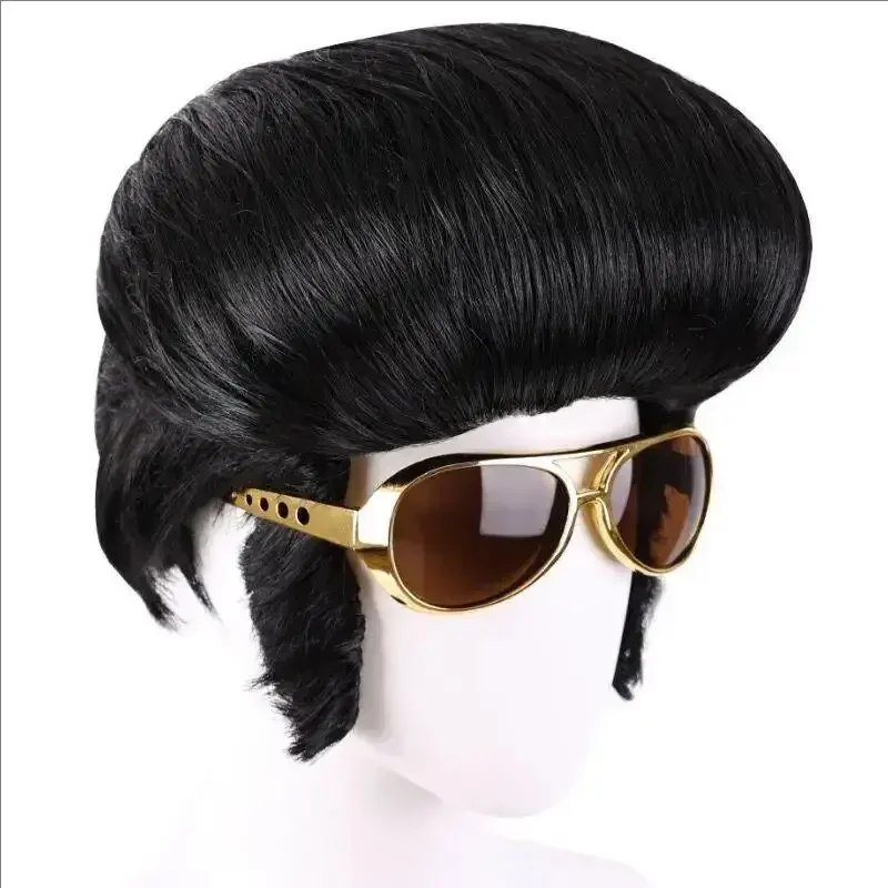 Hot Sale Elvis Wig & Glasses Set, Male Rock Singer Cosplay Black Heat Resistant Synthetic Wig for Halloween Party