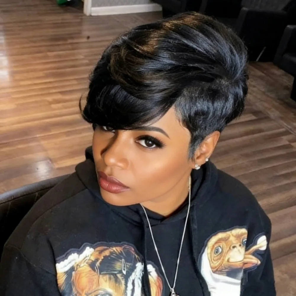 

Парик пикси черного цвета для женщин, короткий парик из натуральных волос, парик для повседневного использования и вечеринок, парик с прямой стрижкой пикси, машинной работы.