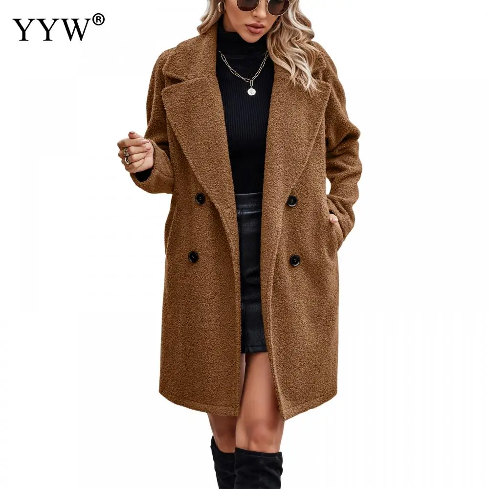 

2023 Brown Autumn Winter Women Woolen Faux Fur Coat Thick Coat Loose Style Long Sleeve Women Fashion Longl Coat Casaco Feminino