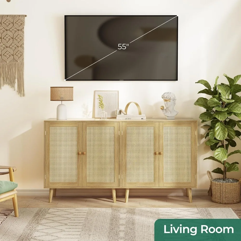 

Buffet Cabinet with Storage, Storage Cabinet with PE Rattan Decor Doors, Accent Sideboard Buffet with Solid Wood Feet,Natural