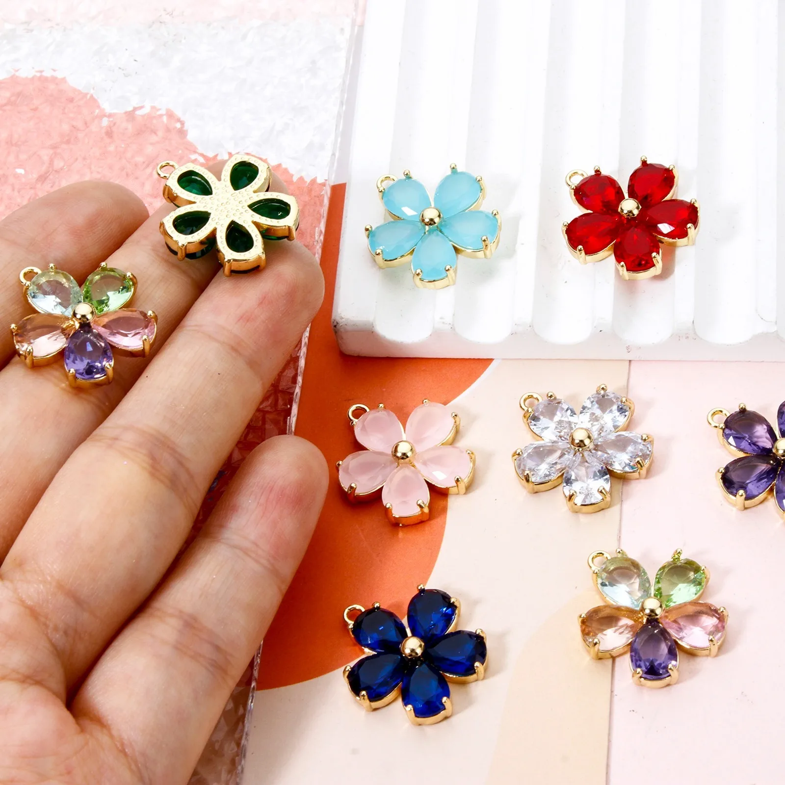 1pc Neue Messing Charms Gold Farbe Blume Mehrfarbige Glas Anhänger DIY Halskette Ohrringe Für Frauen Schmuck Erkenntnisse 21mm x 18,5mm – Detail 3
