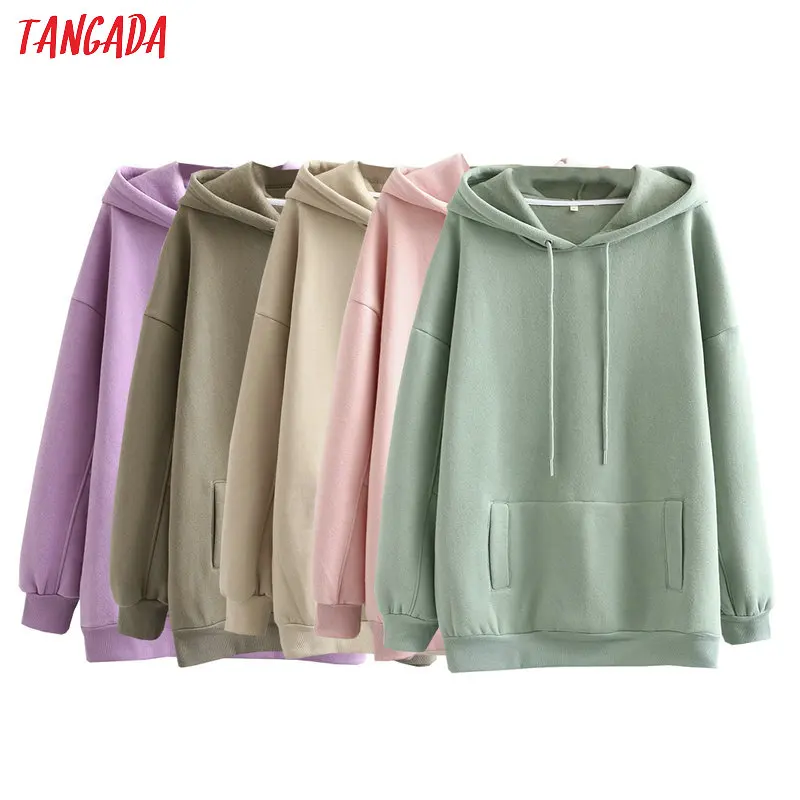 Tangada women fleece hoodie sweatshirts autumn winter fashion 2021 oversize ladies pullovers warm pocket hooded jacket SD60