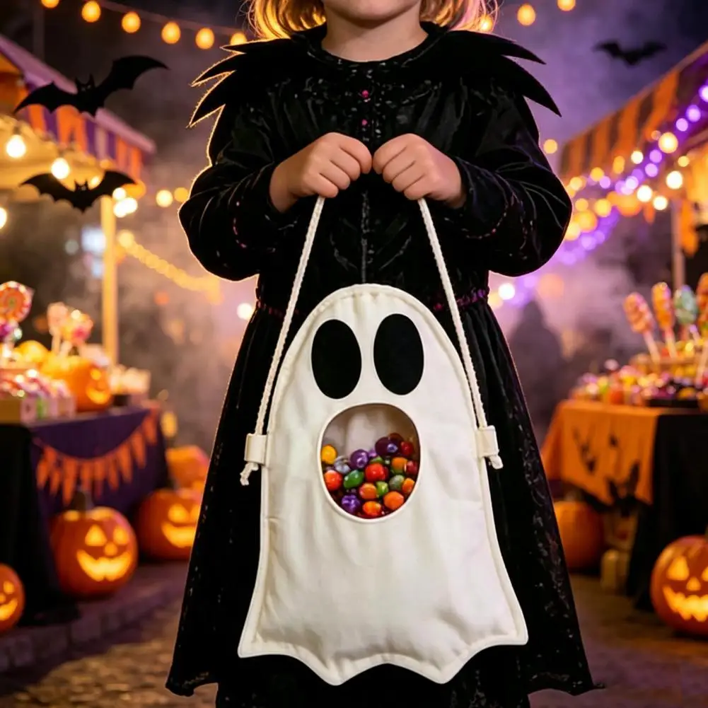 Durable Fabric Candy Holder Halloween Ghost Candy Bag for Kids Cute Fabric Treat Tote with Handle Spooky for Halloween for Kids