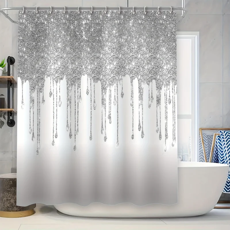 Sparkling silvery Diamond Shower curtain set with 12 hooks-waterproof, moisture-repellent polyester bathroom decor, 179.83cmx7