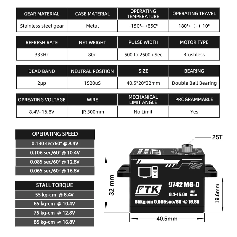 ptk servo 9472 MG-D 85KG metal brushless servo 1/8 drift Car, low servo Rc Car steering is programmable