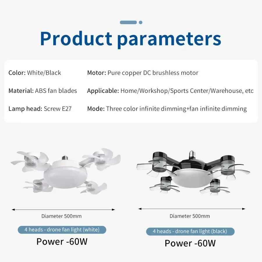 E27 Fan Light 2-in-1 60W  Drone Design Ceiling Fan Light with Remote Control AC85-265V Fan Lighting Bulb for Home Restaurant image 6