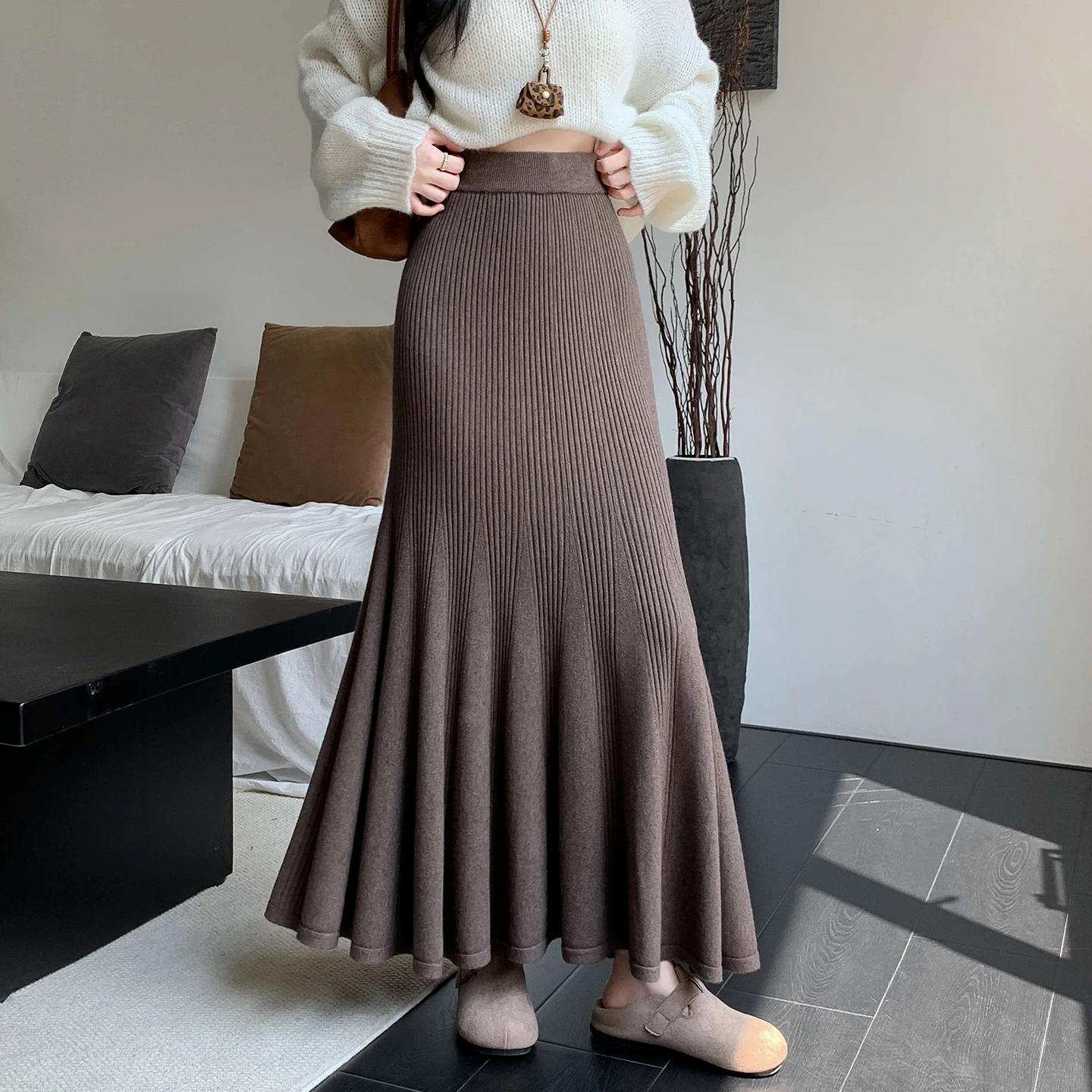 

Женская осенне-зимняя однотонная тонкая трикотажная юбка-русалка, женская элегантная эластичная длинная юбка «рыбий хвост»