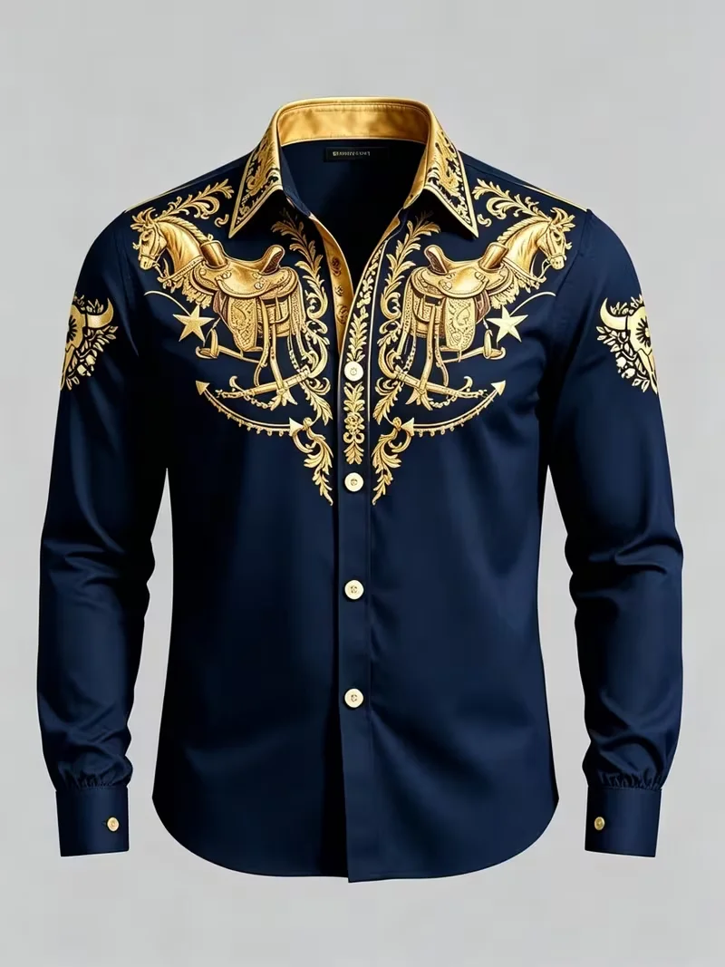 New navy blue bottom gilded saddle pattern western shirt American retro denim style men's long sleeved shirt
