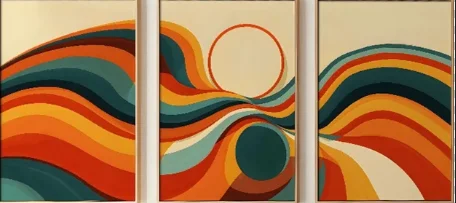 Set of 3, Three Piece Retro Abstract Wall Art, 1970s 1960s Vibes, Abstract Wave Art Print: Bold Reds, Yellows & Earthy Tones