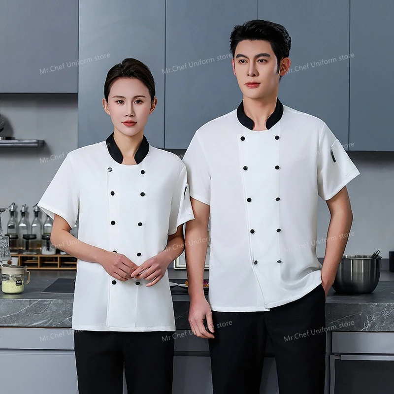 سترة الطاهي السوداء للمطاعم بأكمام قصيرة زي الشيف معطف الطبخ تي شيرت الشيف بيكر زي العمل النادل ملابس الفنادق شعار النساء