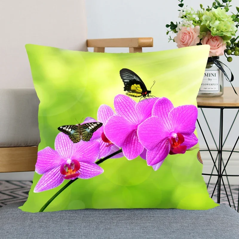 New Arrival Orchid Flower Pillow Cover Bedroom Home Office Decorative Pillowcase Square Zipper Pillow Cases Satin Soft No Fade