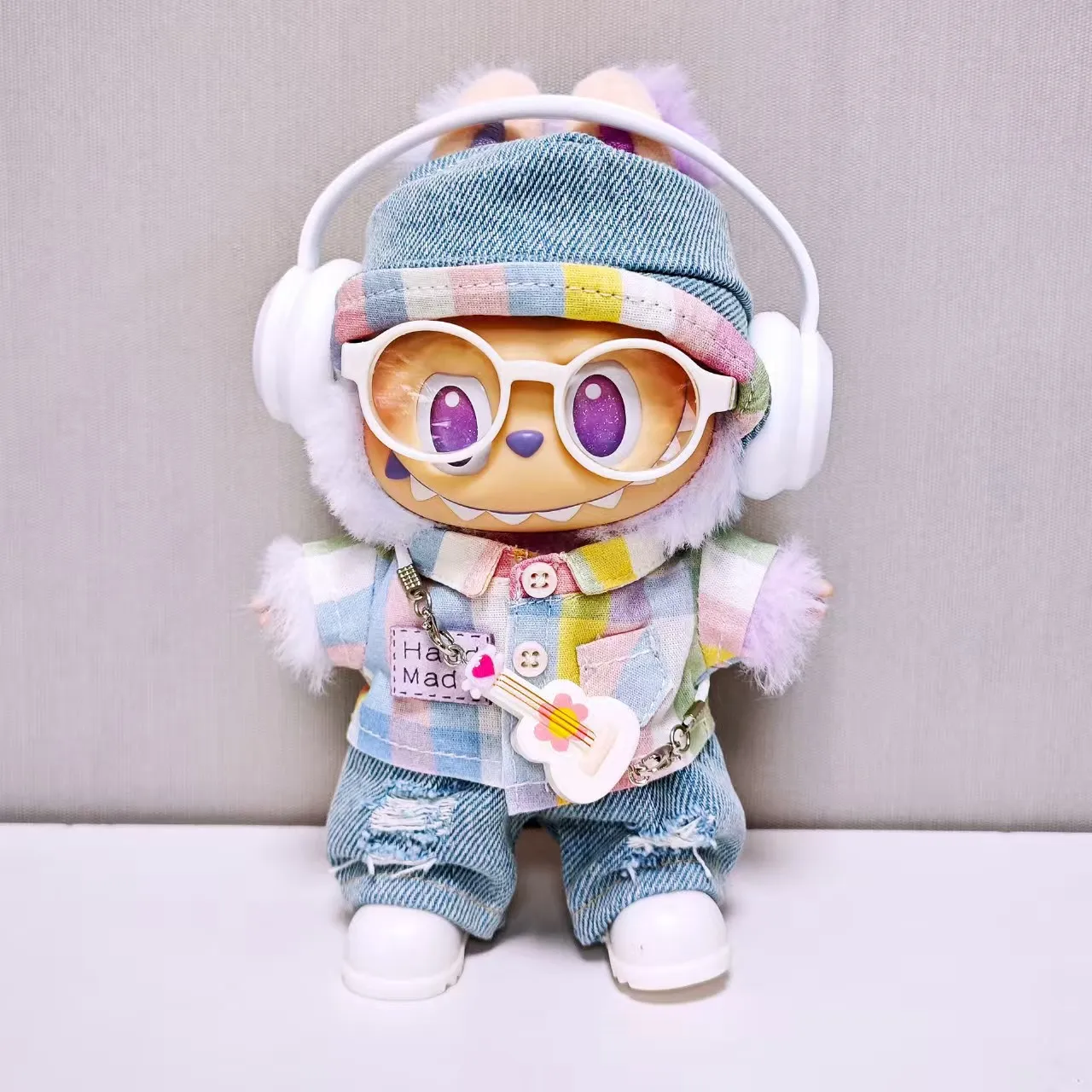 

For Labubu High-quality Kids' Clothing 15cm - 17cm Cute Rainbow Checkered Shirt Set For Labubu Universal Clothing