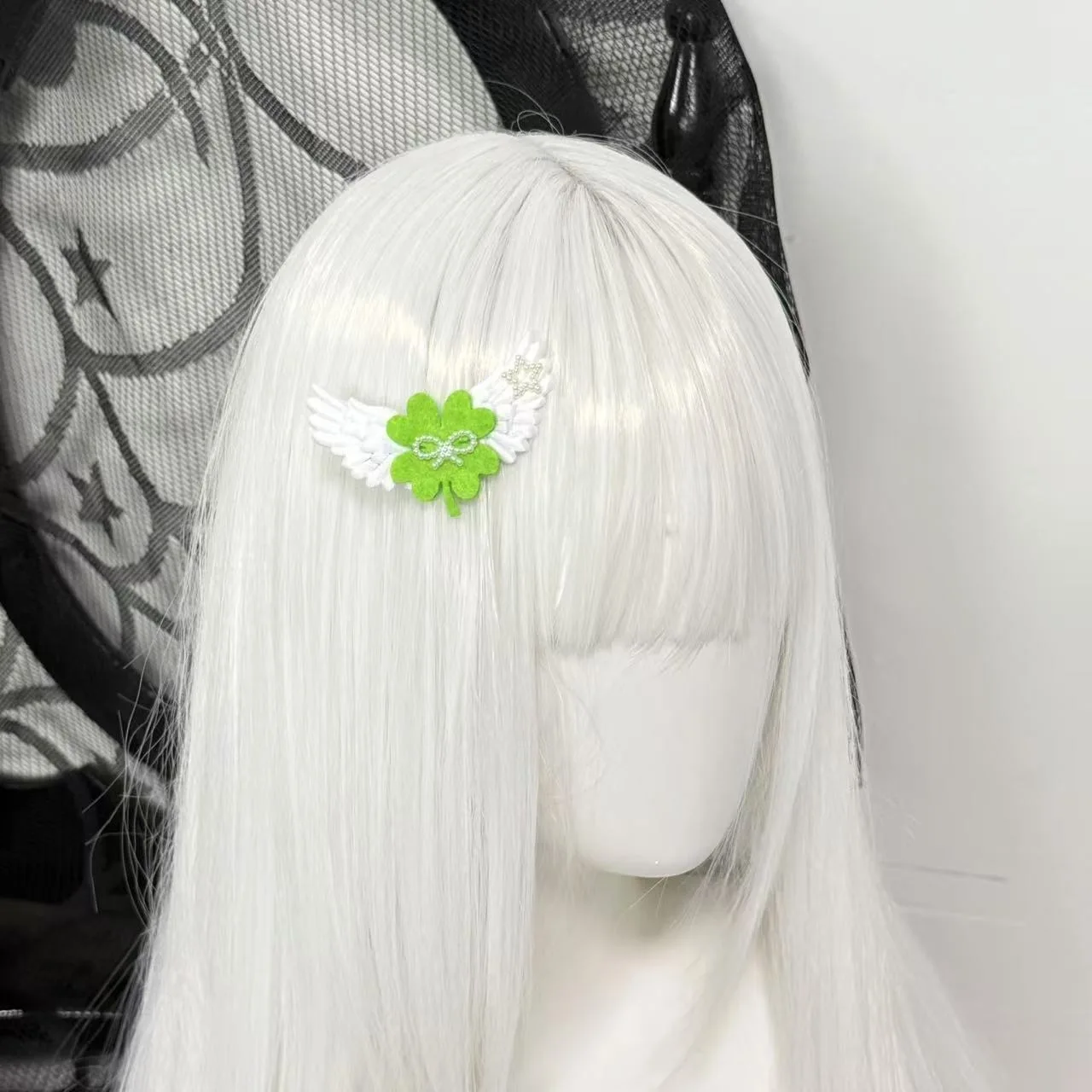 Green Color Four-leaf Clover White Angel Wing Hair Clip Lolita Spicy Girls Y2k Hair Accessories