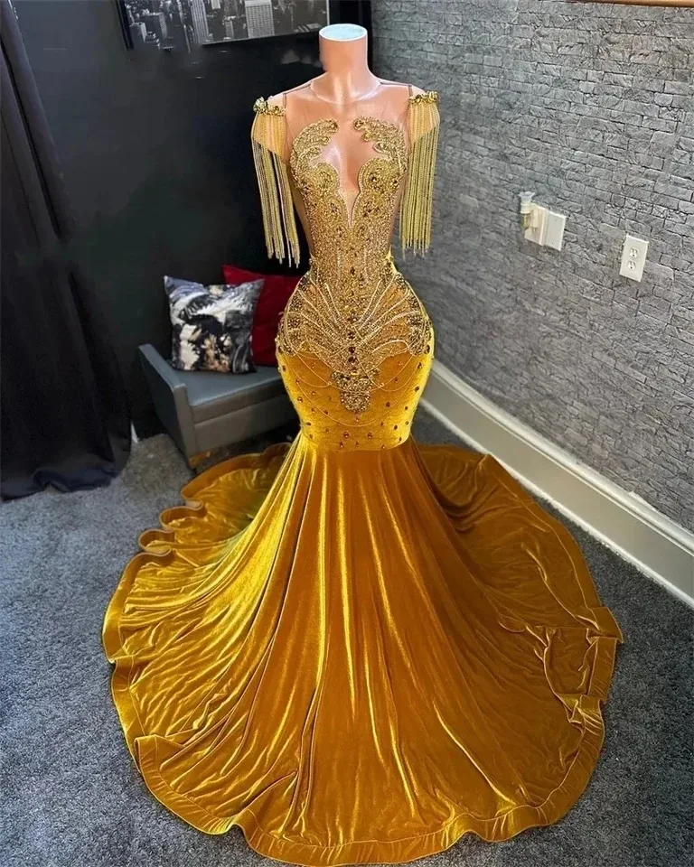 Gold Velvet Long Prom Dresses 2024 Luxury Black Girls Bead Rhinestones with Tassels Evening Party Birthday Gowns Graduation