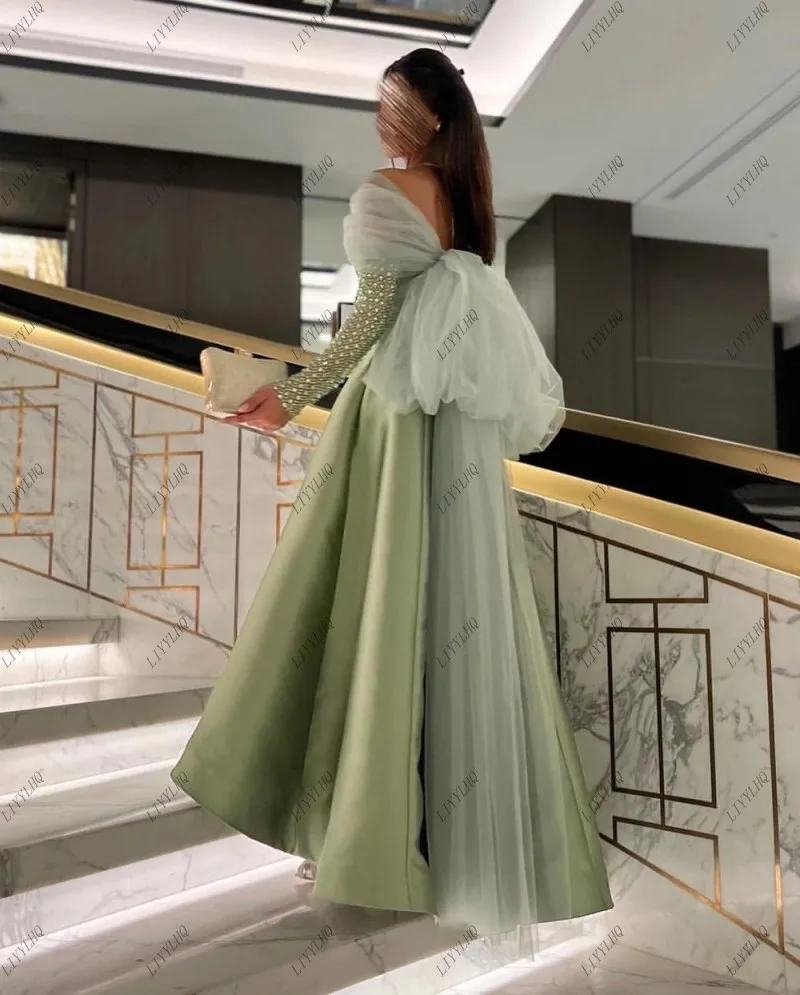 LIYYLHQ Arabia Women Mint Green Prom Dresses Long Sleeve Beading Bow Tie Women Sexy Off Shoulder Evening Gowns Robe De Soirée