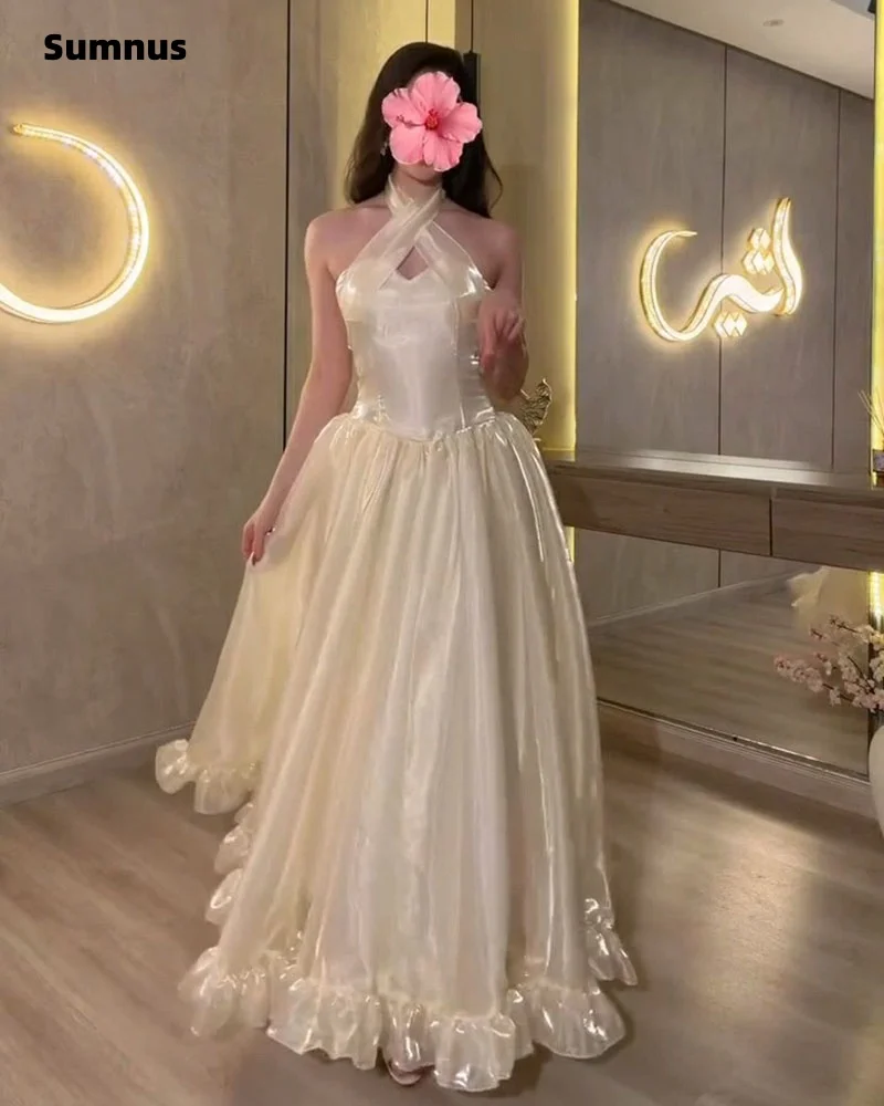 Sumnus Elegant A-Line Prom Dresses Ivory Silk Satin Halter Ruffle Draped Maxi Women Evening Dress vestidos gala Customized image 3