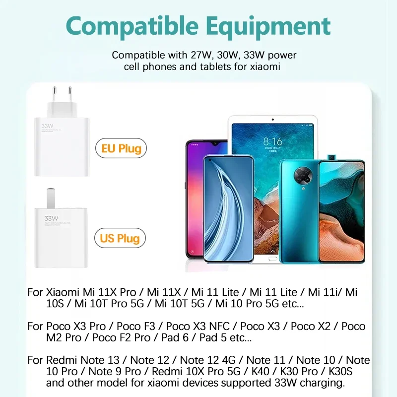 Ładowarka Xiaomi 33W QC 3.0 Szybkie ładowanie 6A Szybkie ładowanie Turbo Ładowarka do telefonu komórkowego Adapter USB typu C Kabel do Samsung Xiaomi — zdjęcie produktu 6