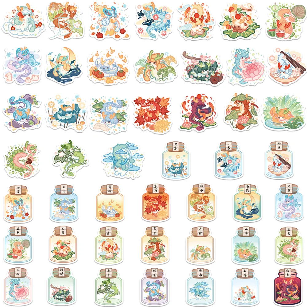 48Pcs Chinese Style Solar Term Dragon Graffiti Stickers Cartoon Cute DIY Laptop Scrapbook Suitcase Guitar Waterproof Decal