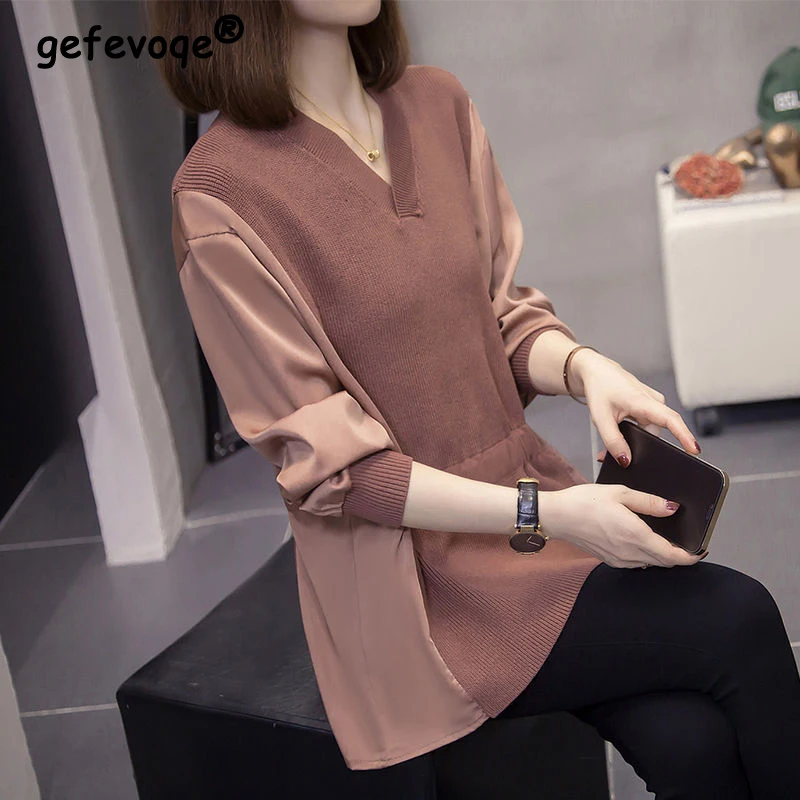 

Women Trendy V Neck Patchwork Elegant Knitted Blouses 2023 Autumn Office Lady Casual Simple Long Sleeve Loose Pullover Knitwear