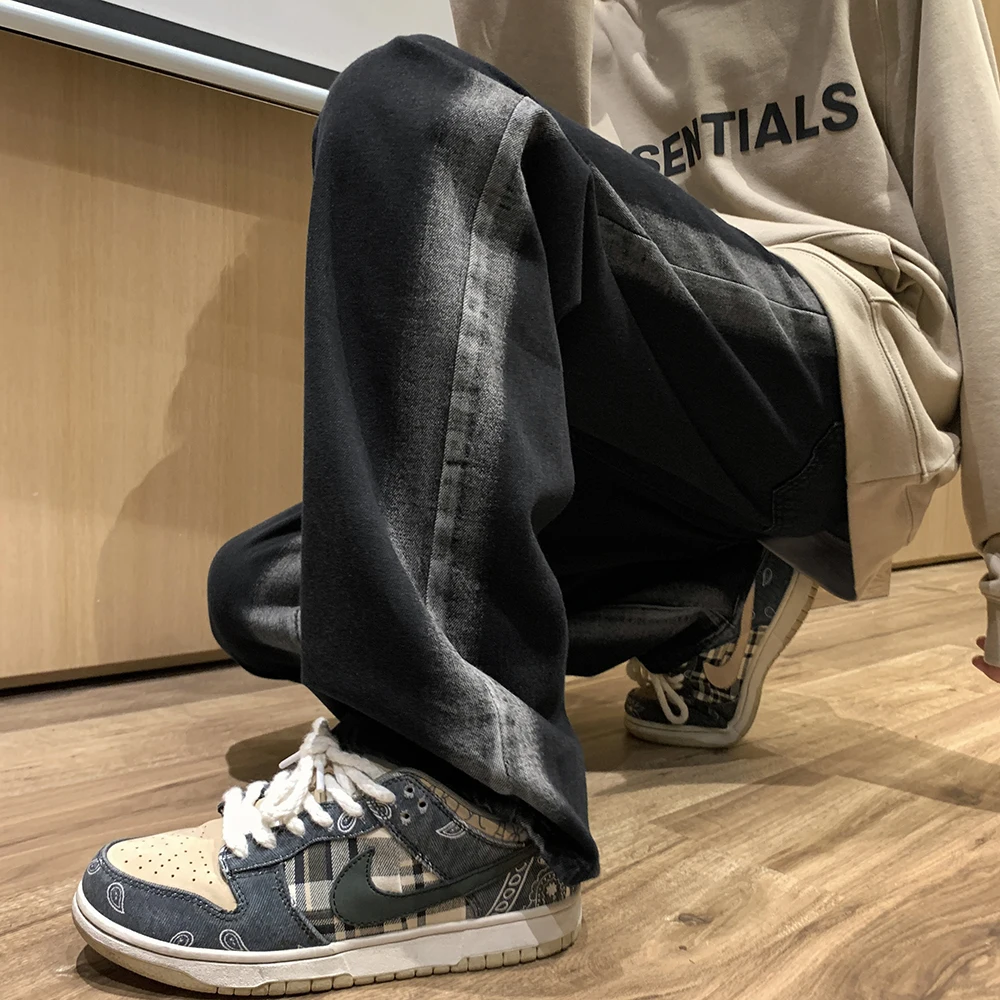 

Men's Hiphop adient Denim Jeans mid Waist Straight Leg Floor Length Trousers Street Sle Trendy Brand Loose Fit Long Pants