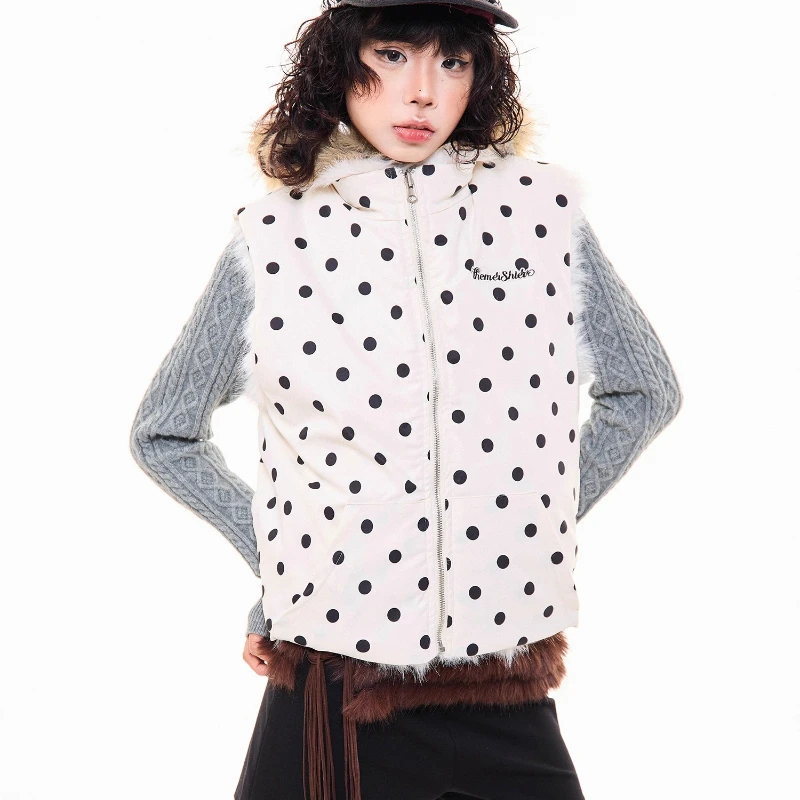الفرنسية الرجعية الأبيض البولكا نقطة فو الفراء عكسها المرأة صدرية 2025 الخريف الشتاء جديد الحلو كول تنوعا سترة دافئة السيدات #3