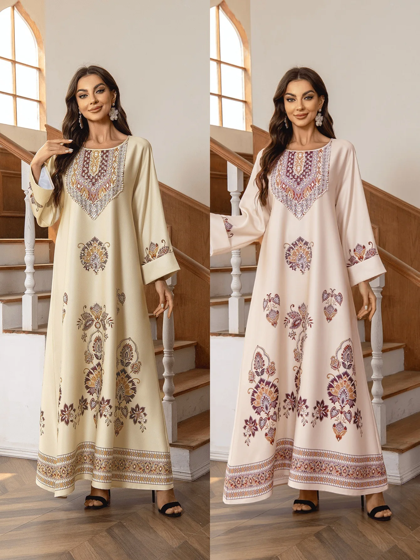 

Изысканное вышитое платье с круглым вырезом, принтованное, с бисером и стразами, оверсайз, в ближневосточном стиле, скромное длинное платье-абайя