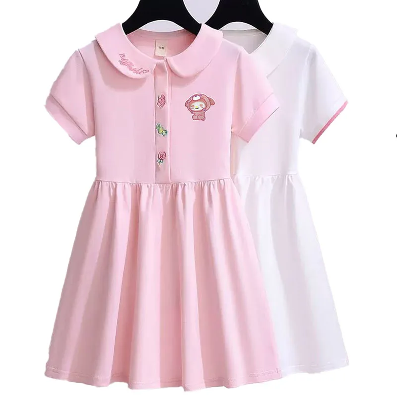 Vestido de manga curta Anime Sanrios para crianças, verão, Kawaii, My Melody, Cinnamoroll, moda formal, saia fina princesa para meninas