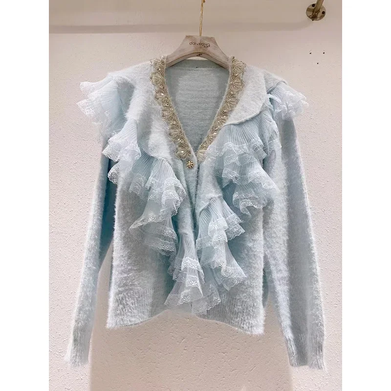 Women V-neck Lace Stitching Ruffles Knitted Fuzzy Cardigans Rhinestone Beaded Mink Cashmere Sweater Coat Pearls Mohair Crop Tops