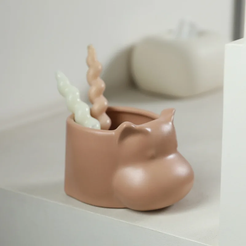 Cartoon hippo ceramic flowerpot, creative hippopotamus pen holder, modern home office desktop decoration and storage ornament