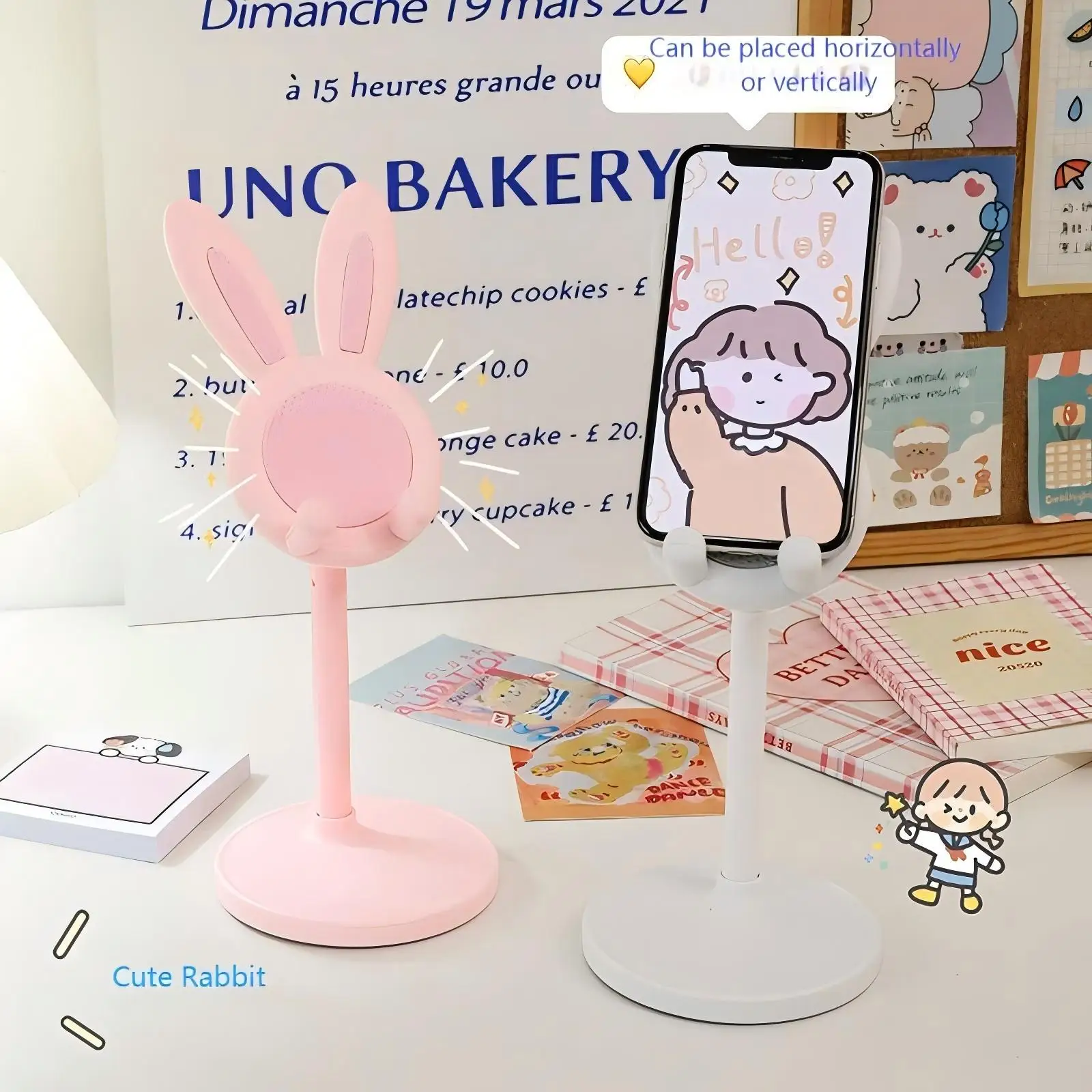 

Pink Phone Holder Desktop Cell Phone Stand For iPhone 14 15 Samsung Smartphone Adjustable Lovely Rabbit Cartoon Table Support