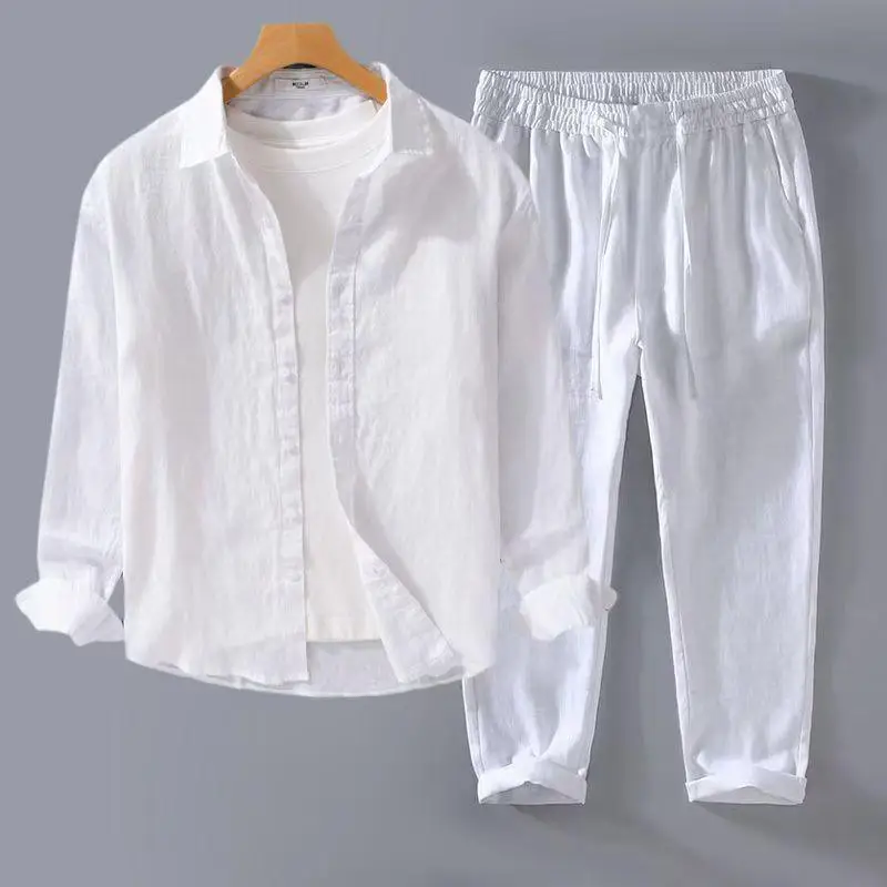 2026 Sommer Herren Baumwoll-Leinen Zweiteiler Set mit Umlegekragen Kurzarmhemd Locker Atmungsaktiv Passende Hose Strandurlaub – Detail 3