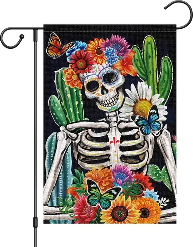 Bandera de Jardín Día de Muertos 12x18 Pulgadas Doble Cara de Arpillera con Calavera, Esqueleto y Flor JJE DDI GGX