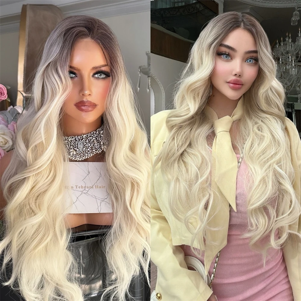 13x4 Free Part Ombre Light Golden HiIghlights HD Lace Front Wig with Roots High Quality Synthetic Wig 28 Inches Party Cosplay