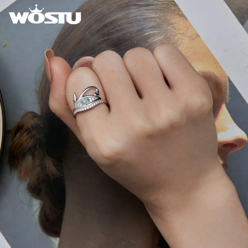 WOSTU 925 Perak Murni Mesir Mata Horus Band Cincin Wanita Api Batu Opal Putih Zircon Penjaga Cincin Pesta Ulang Tahun Perhiasan