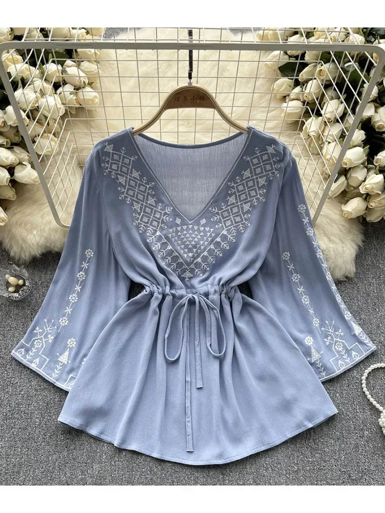 Women Spring Blouse Bohemian Ethnic Style Shirt with V-neck Embroidery and Drawstring Design, Unique and High-end Top D4571