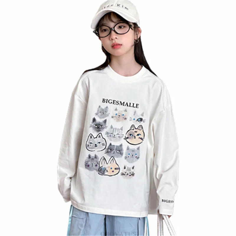 

Children Long Sleeve T-shirt for Teen Girls Cartoon Cat Print Cotton Tshirt Kids New Spring Clothing Outfit 5 6 8 10 12 14 Years
