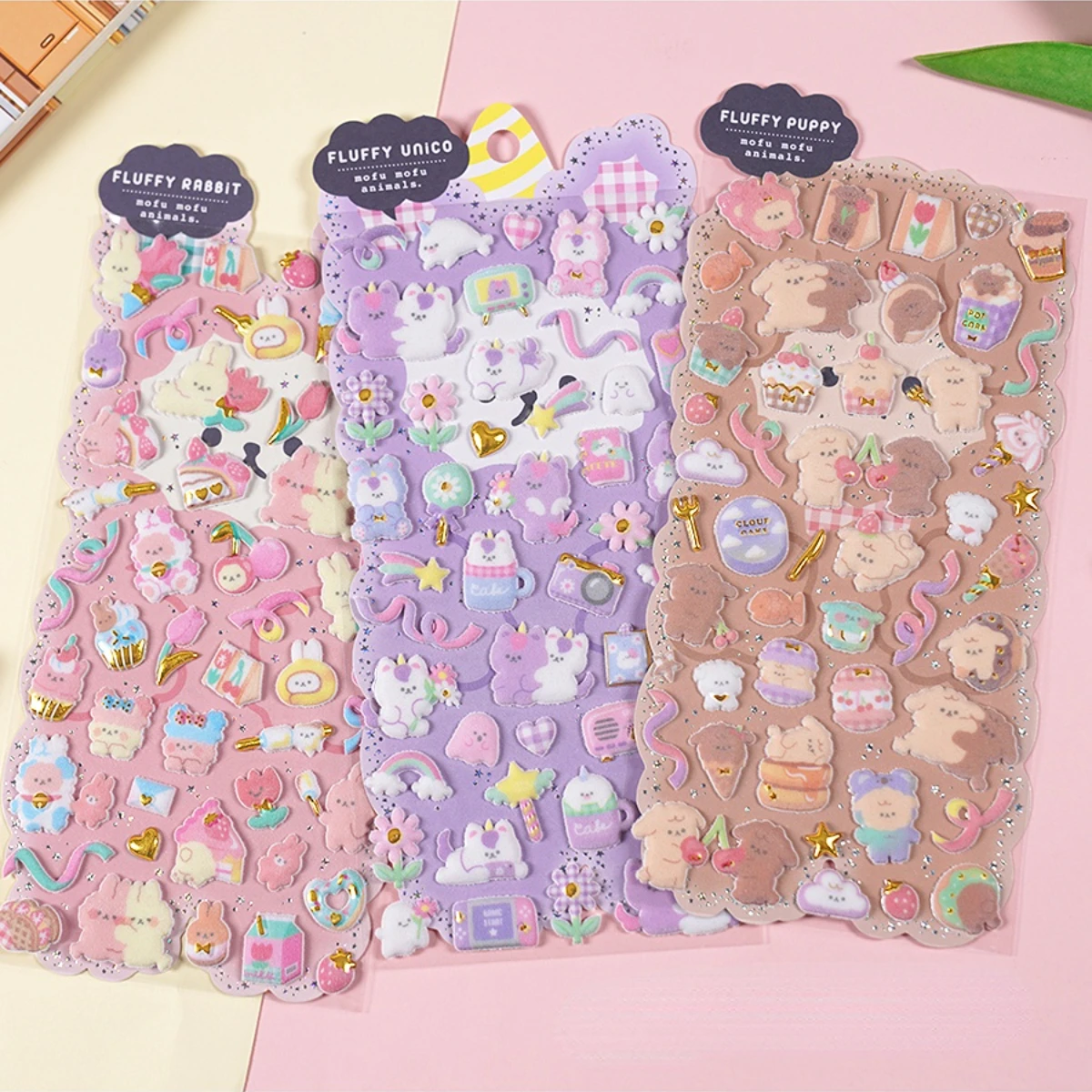 1 pc losowe Kawaii puszysty królik miś 3D pozłacane naklejki Scrapbooking Diy dziennik papeteria naklejki