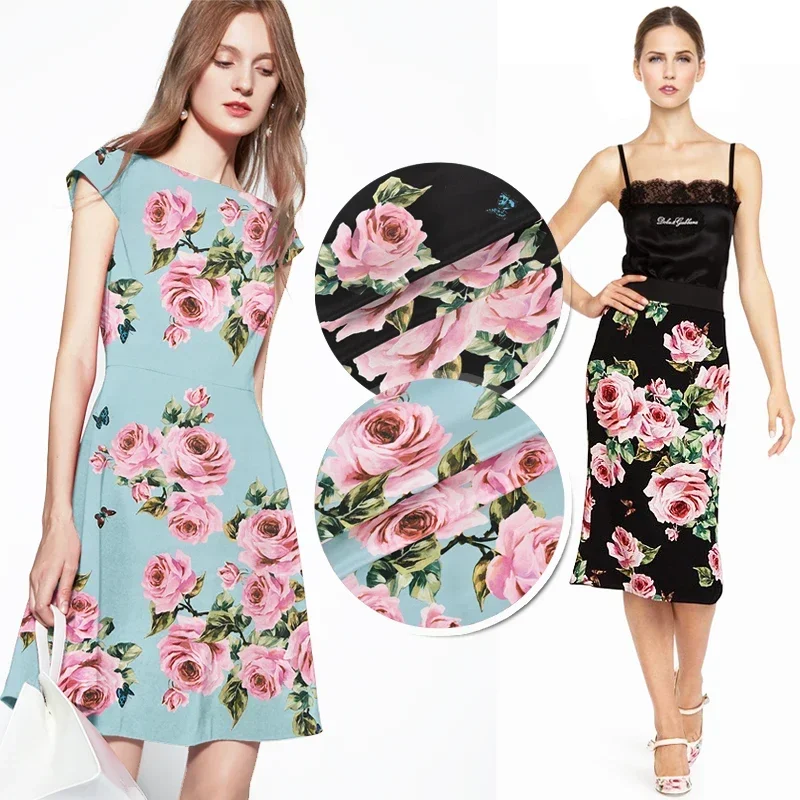 108CM 28MM Pink Rose Print Stretch Blue Black Heavy Silk Crepe Fabric for DIY Spring Summer Dress Blouse Skirt Shirt Pants JH171