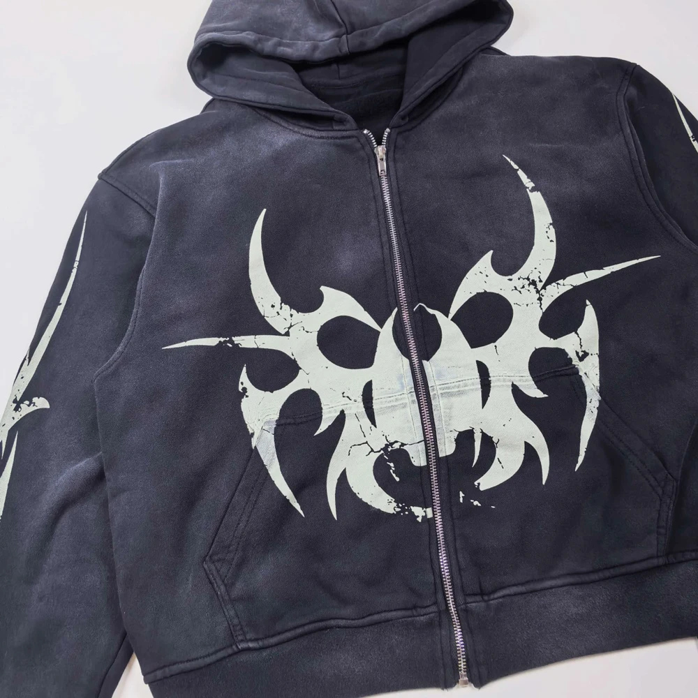 Y2k Streetwear American Fashion Graphic Zip Up Hoodies Hip Hop Street Style Cotton Retro Distressed Printed Casual Hoodies Men's