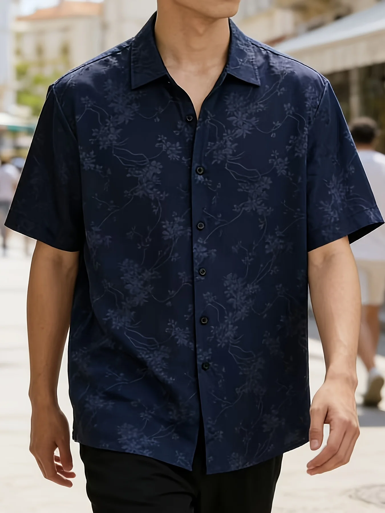 Men Black Subtle Vine Floral Jacquard Luxury Drape Commute Short Sleeve Shirt