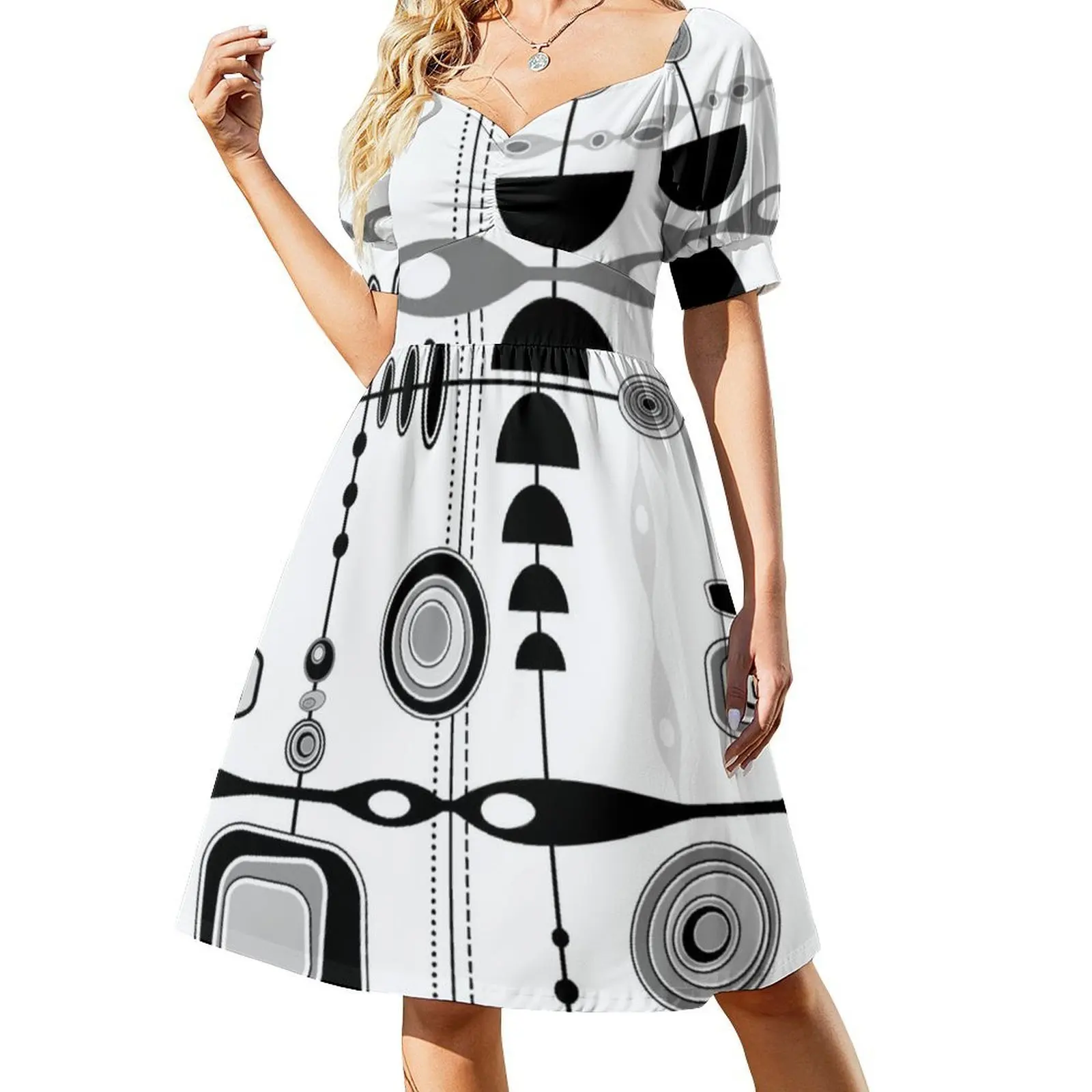 منتصف القرن الحديثة طباعة أسود أبيض رمادي المرأة الشارع الشهير فستان الحفلات العصرية طباعة نادي الملابس للإناث خمر مستوحاة #2
