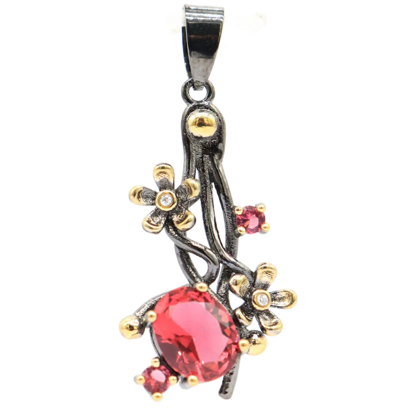 Buy 3 Get 1 Free 41x18mm SheCrown Bohemia Design Pink Morganite Raspberry Rhodolite Garnet Black Gold Silver Pendant