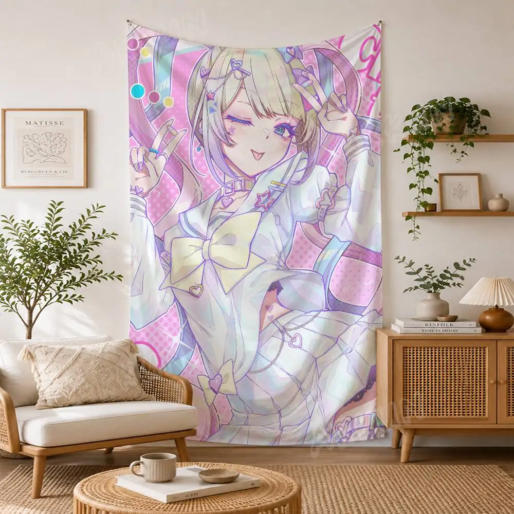 Pink Anime Girl Kangel Tapestry, Pastel Color Manga Character Wall Hanging, Kawaii Aesthetic Wall Bedroom Decor
