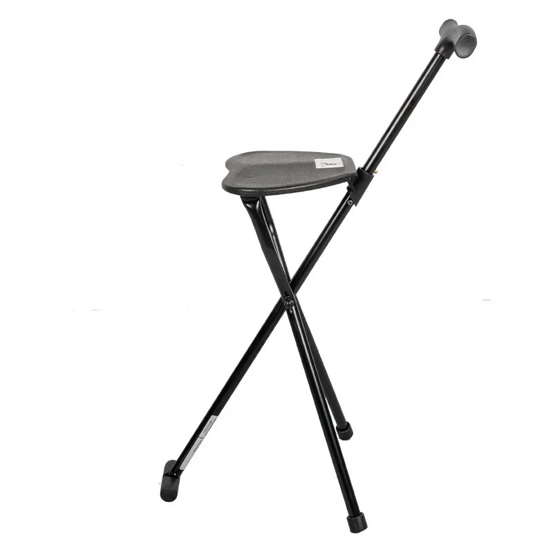 Lightweight Folding Aluminum Crutches Stool PP Plastic Panel Cane Thickened Three-legged Walking Stick with Seat Rubber Footpad