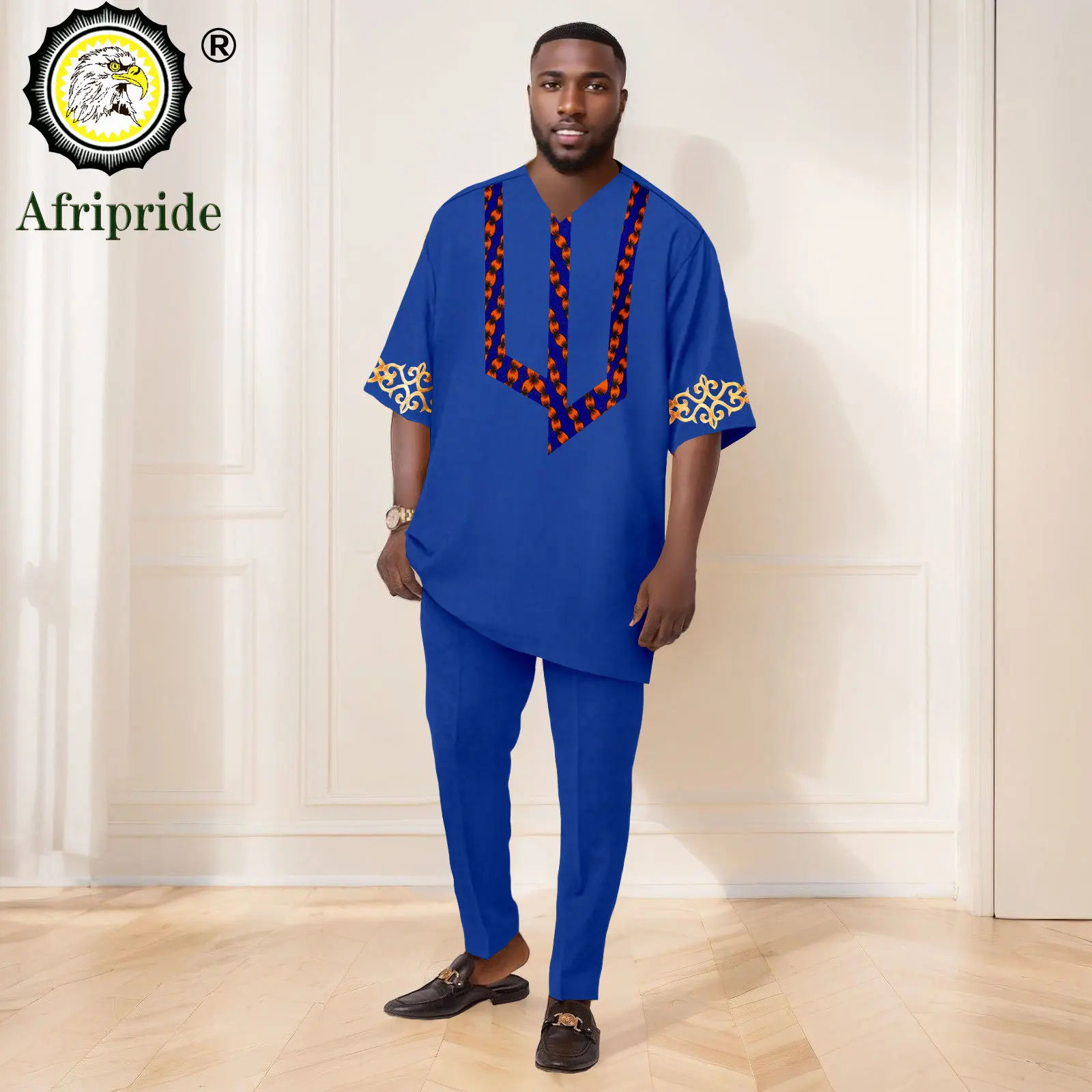 African Suits for Men Embroidery Half Sleeve Print Shirts and Pants 2 Piece Set Dashiki Outfits for Wedding Evening 2516051