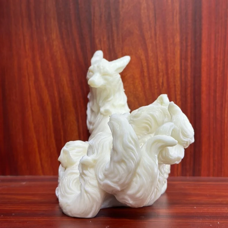 Tagua Nut Carved Nine-Tailed Fox Statue - Natural Vegetable Ivory Spirit Fox Figurine, Tea Table Ornament & Craft