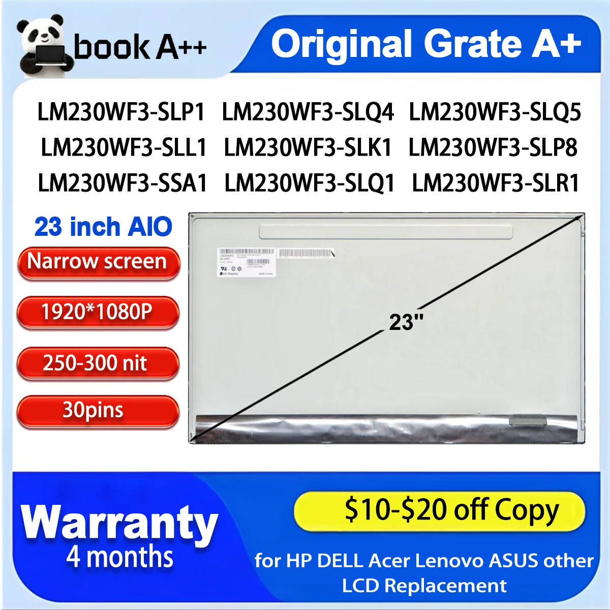 Original New LM230WF3 SLP1 SLQ4 SLQ5 SLL1 SLK1 SLP8 SSA1 SLQ1 SLR1 FHD IPS 23 inch LCD Display