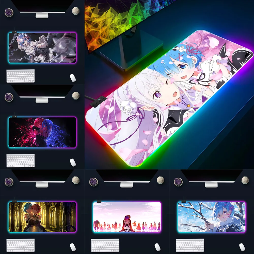 Hot Anime R-Re Zero RGB Pc Gamer Keyboard Mouse Pad Mousepad LED Glowing Mouse Mats Rubber Gaming Computer Mausepad